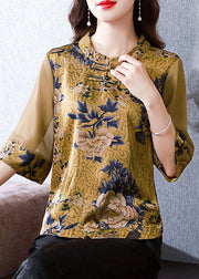 Modern Yellow Stand Collar Print Patchwork Button Silk Top Summer