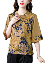 Modern Yellow Stand Collar Print Patchwork Button Silk Top Summer