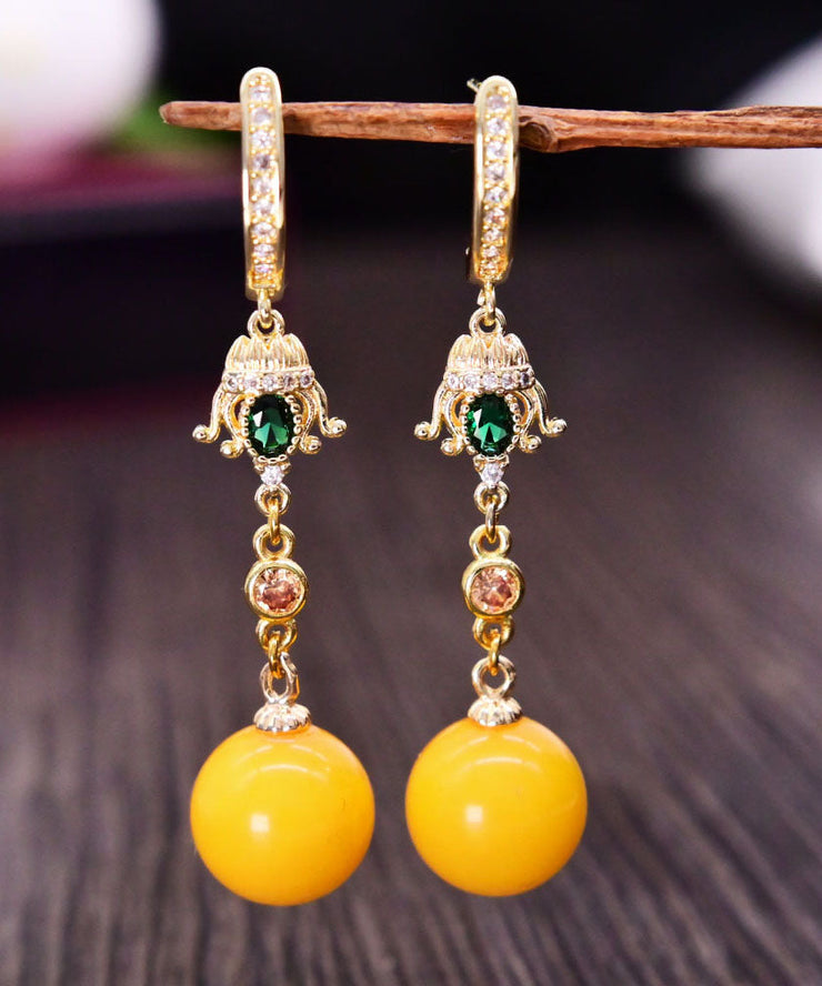 Modern Yellow Sterling Silver Amber Beeswax Ball Drop Earrings