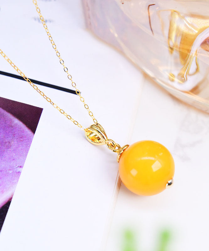 Modern Yellow Sterling Silver Overgild Amber Beeswax Round Pendant Necklace