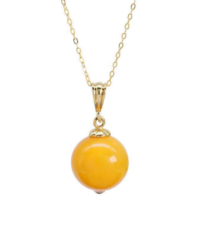 Modern Yellow Sterling Silver Overgild Amber Beeswax Round Pendant Necklace