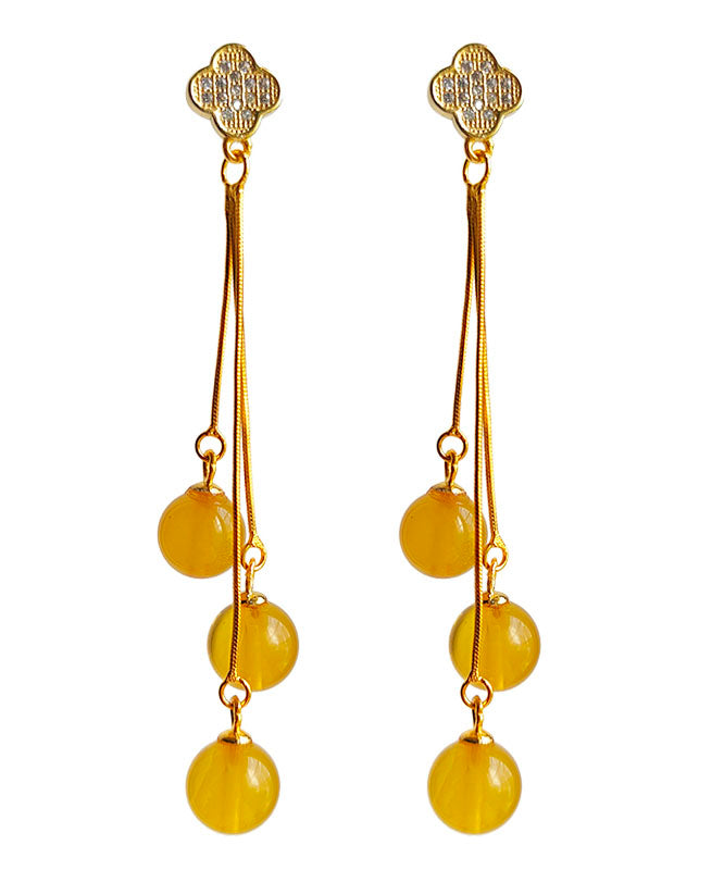 Modern Yellow Sterling Silver Overgild Inlaid Amber Beeswax Drop Earrings