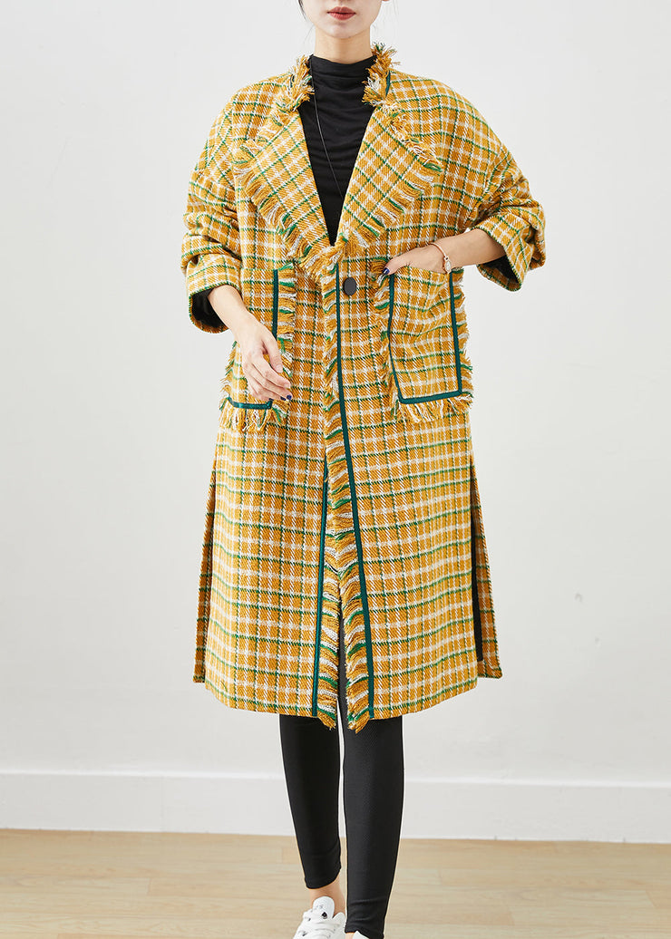 Modern Yellow Tasseled Plaid Cotton Coat Fall