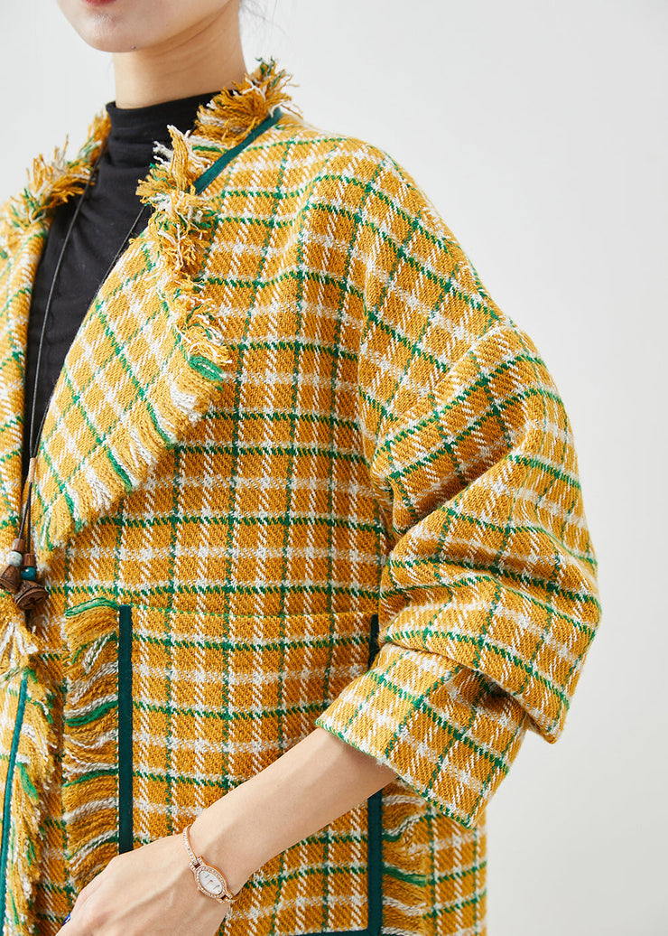 Modern Yellow Tasseled Plaid Cotton Coat Fall