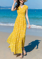 Modern Yellow V Neck Print Chiffon Long Dress Short Sleeve