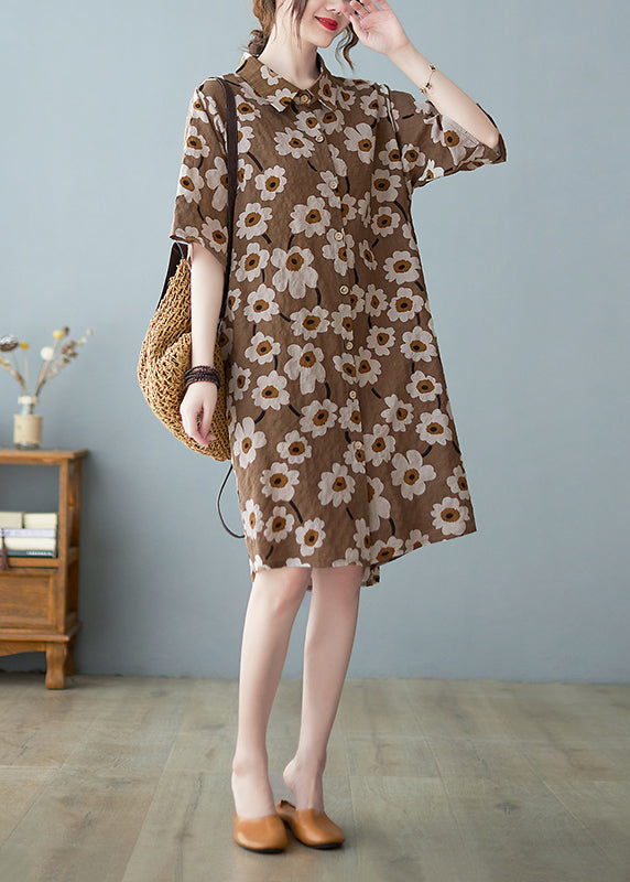 Modern Red Button Stand Collar Floral Print Party Dress Half Sleeve