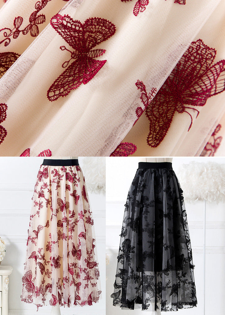 Mulberry Embroideried High Waist Tulle Pleated Skirt Spring