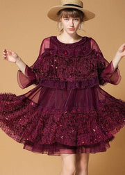 Mulberry Patchwork Tulle Dress Sequins Hollow Out Half Sleeve