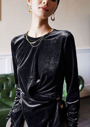 Mulberry Silk Velour Blouses Asymmetrical Button Long Sleeve