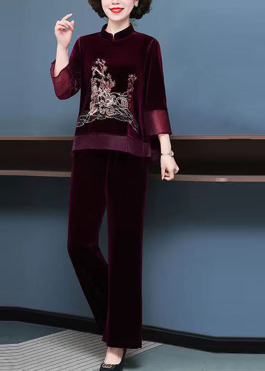 Mulberry Tops And Pants Velour Two Piece Set Embroideried Fall