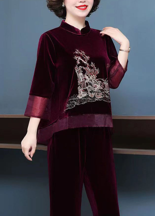 Mulberry Tops And Pants Velour Two Piece Set Embroideried Fall