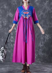 National Style Purple Red Embroideried Patchwork Tasseled Linen Dresses Summer