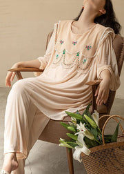 Natural Apricot O-Neck Embroideried Patchwork Ice Silk Pajamas Two Piece Spring