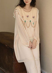 Natural Apricot O-Neck Embroideried Patchwork Ice Silk Pajamas Two Piece Spring