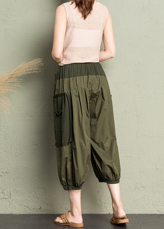 Natural Army Green Pockets Patchwork Cotton Lantern Pants Summer