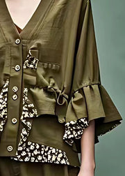 Natural Army Green V Neck Print Outwear Flare Sleeve