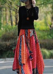 Natural Asymmetrical Print Patchwork Cotton Skirts Spring