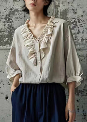 Natural Beige V Neck Patchwork Shirt Bracelet Sleeve