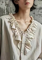 Natural Beige V Neck Patchwork Shirt Bracelet Sleeve