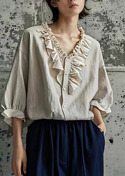 Natural Beige V Neck Patchwork Shirt Bracelet Sleeve