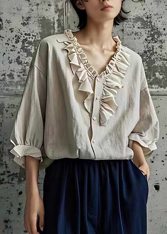 Natural Beige V Neck Patchwork Shirt Bracelet Sleeve