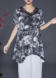 Natural Black Asymmetrical Tie Dye Chiffon Shirt Tops Summer