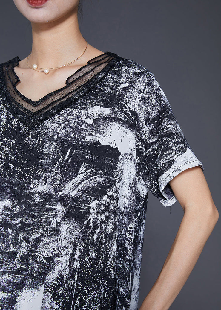 Natural Black Asymmetrical Tie Dye Chiffon Shirt Tops Summer