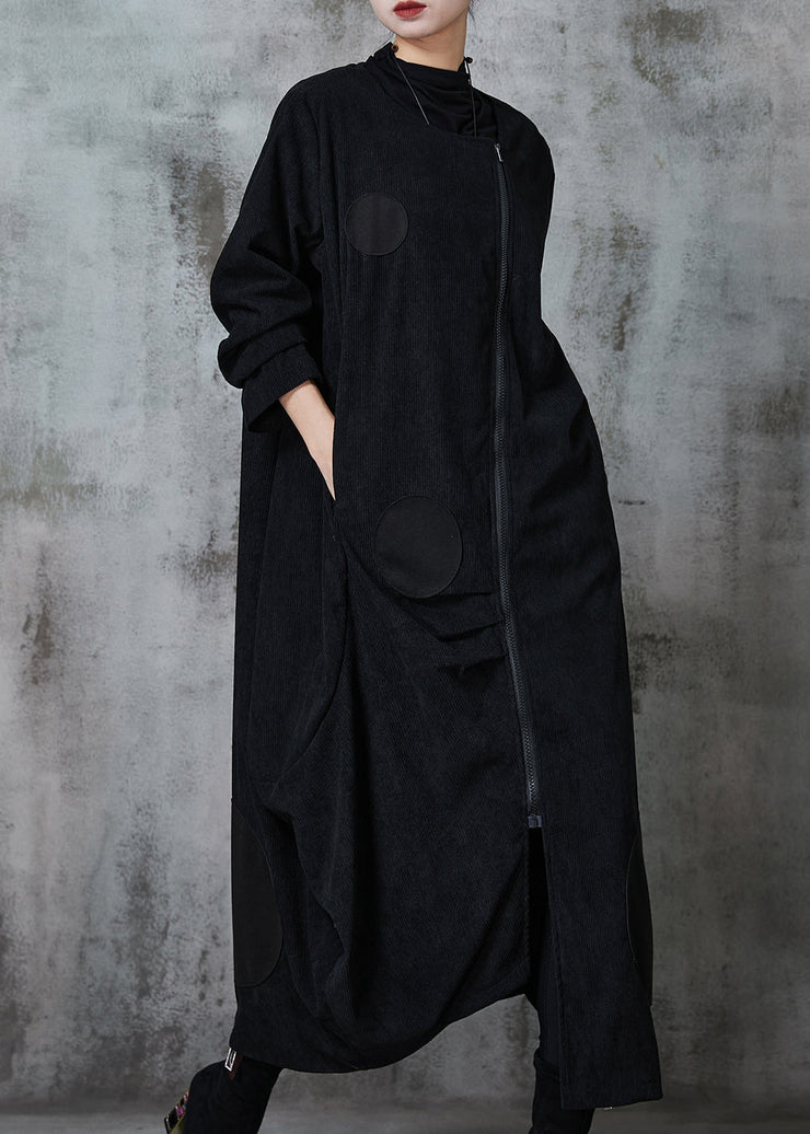 Natural Black Asymmetrical Zippered Cotton Coats Spring