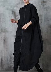 Natural Black Asymmetrical Zippered Cotton Coats Spring