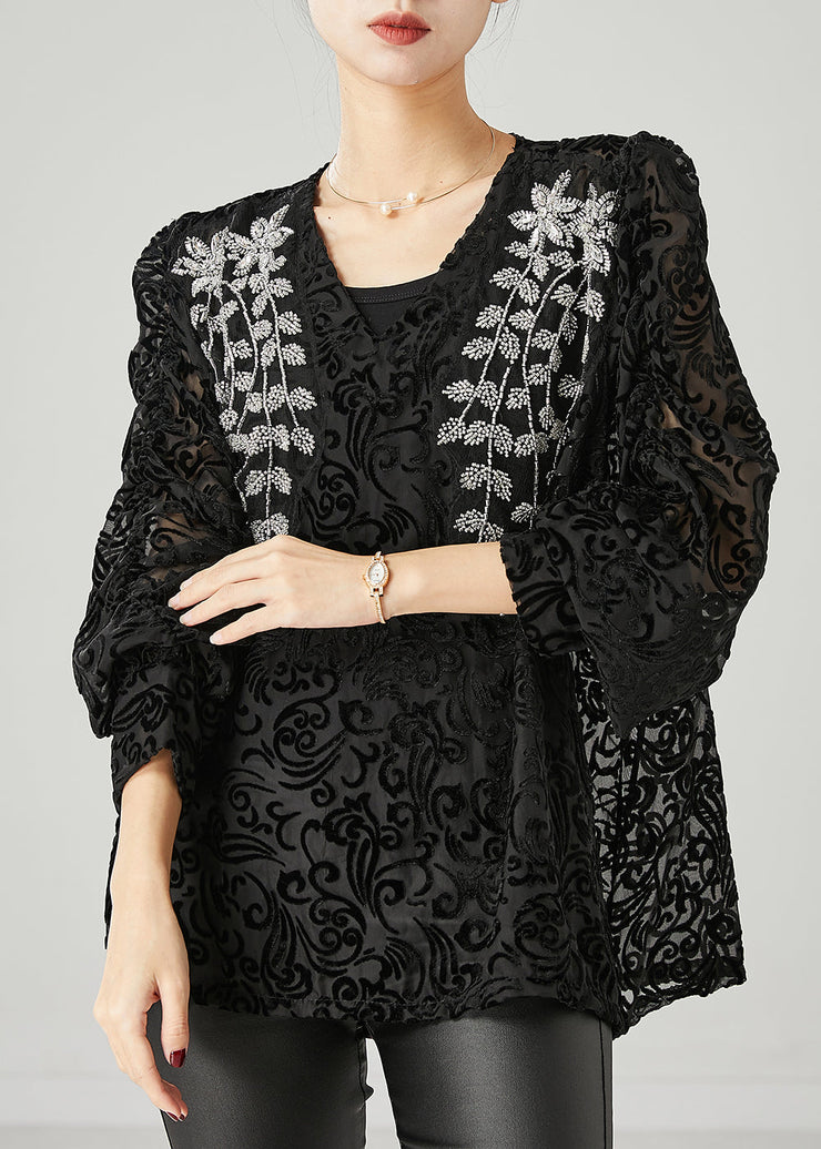 Natural Black Embroidered Jacquard Tulle Shirt Tops Spring