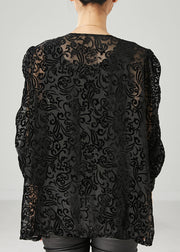 Natural Black Embroidered Jacquard Tulle Shirt Tops Spring