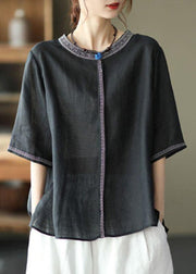 Natural Black texture O-Neck Embroidered Summer Ramie Blouses Half Sleeve