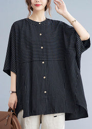 Natural Black O Neck Striped Button Patchwork Cotton Shirt Summer