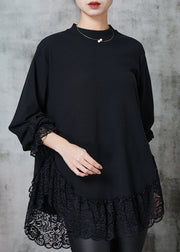 Natural Black Oversized Patchwork Lace Cotton Sweatshirts Top Spring