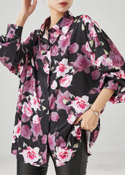 Natural Black Oversized Rose Floral Chiffon Shirt Tops Spring