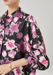 Natural Black Oversized Rose Floral Chiffon Shirt Tops Spring