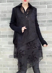 Natural Black Peter Pan Collar Asymmetrical Print Knit Patchwork Chiffon Mid Dress Long Sleeve