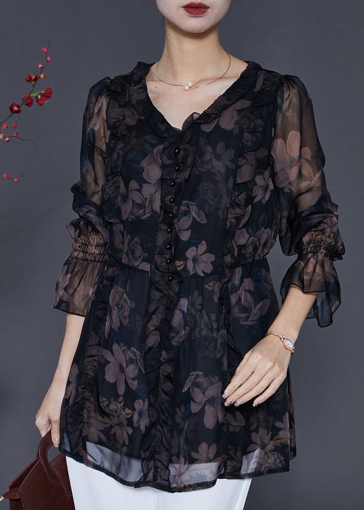 Natural Black Ruffled Print Tulle Tops Spring