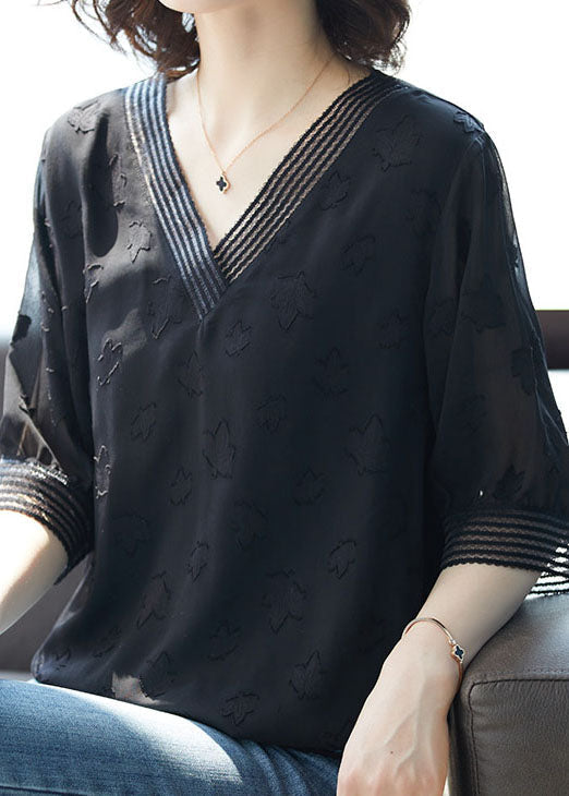 Natural Black V Neck Jacquard Patchwork Chiffon T Shirt Top Summer