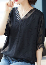 Natural Black V Neck Jacquard Patchwork Chiffon T Shirt Top Summer