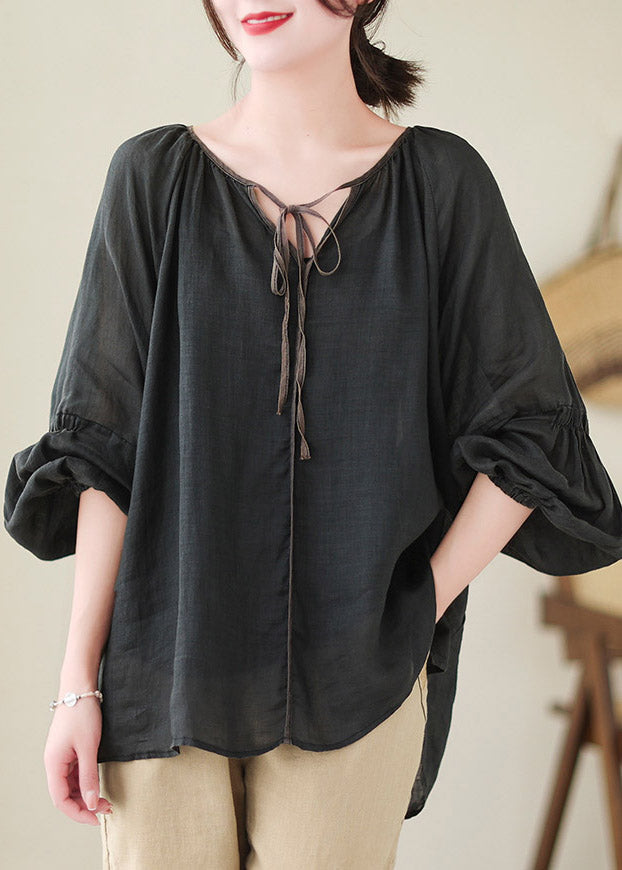 Natural Black V Neck Patchwork Ramie Shirt Spring