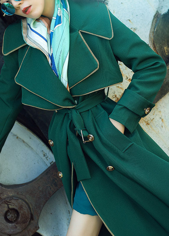 Natural Blackish Green Notched Patchwork Long Sashes Trench Coats Long Sleeve