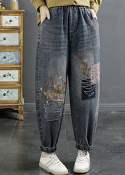 Natural Blue Embroidered Pockets Elastic Waist Denim Pants Fall