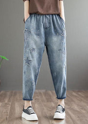 Natural Blue Embroideried Pockets Patchwork Denim Pants Summer