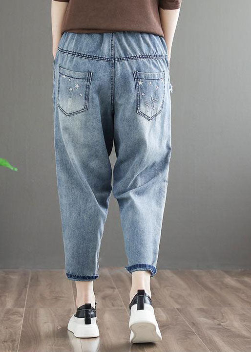 Natural Blue Embroideried Pockets Patchwork Denim Pants Summer