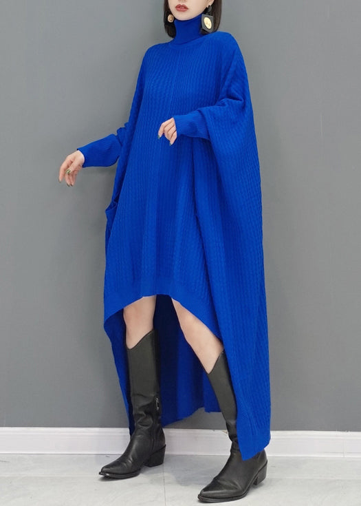 Natural Blue Hign Neck Low High Design Knitwear Dress Fall