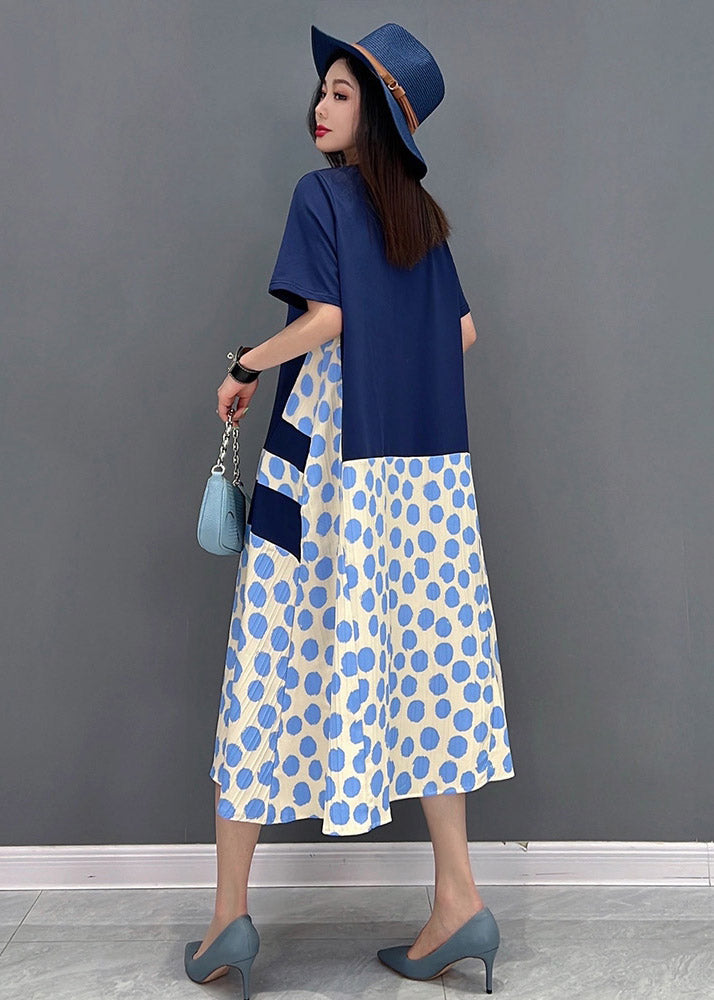 Natural Blue O-Neck Patchwork Long Dress Short Sleeve