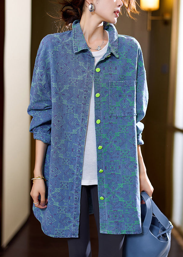 Natural Blue Peter Pan Collar Pockets Jacquard Denim Coat Fall