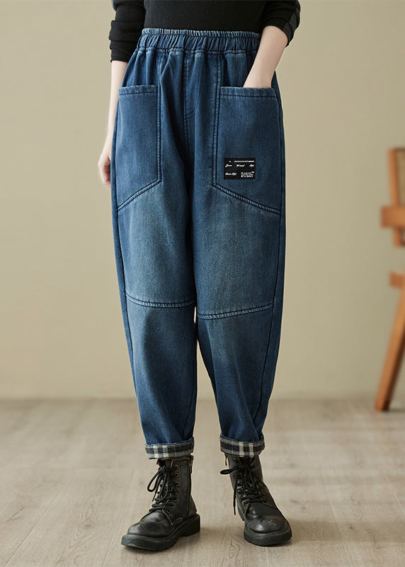 Natural Blue Pockets High Waist Warm Fleece Denim Harem Pants Winter