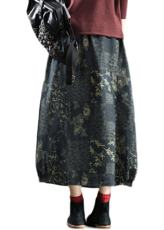 Natural Blue Pockets Print High Waist Denim Skirts Fall